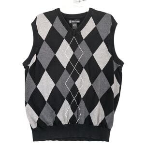 Pro Tour Black Gray Argyle Knit Sweater Vest Men's L 100% Cotton Golf‎ Preppy